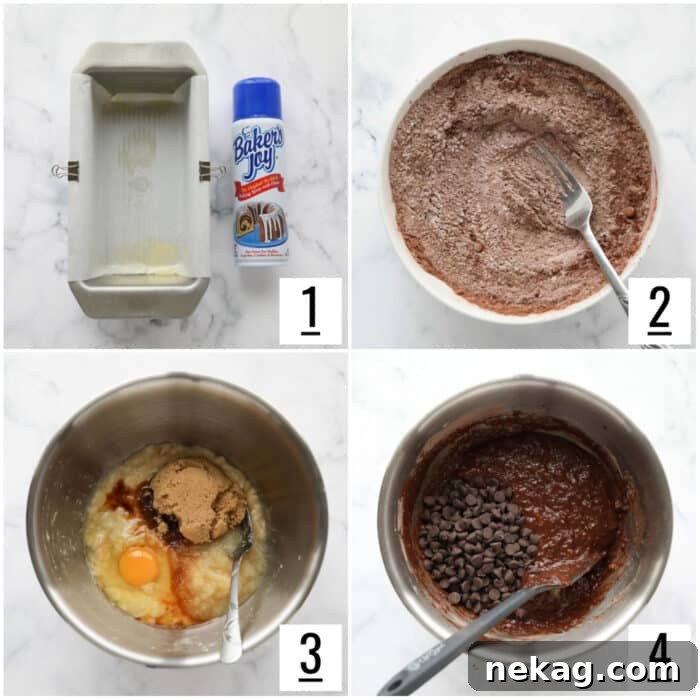 A four-panel image showing the steps of making chocolate banana bread: combining dry ingredients, mashing bananas with wet ingredients, mixing wet and dry, and folding in chocolate chips.