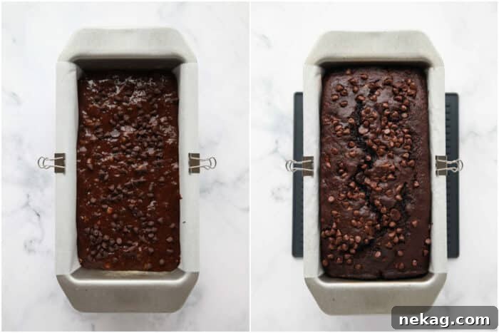 A side-by-side comparison showing chocolate banana bread batter in a loaf pan before baking, and the golden-brown, baked loaf in the same pan, topped with mini chocolate chips.