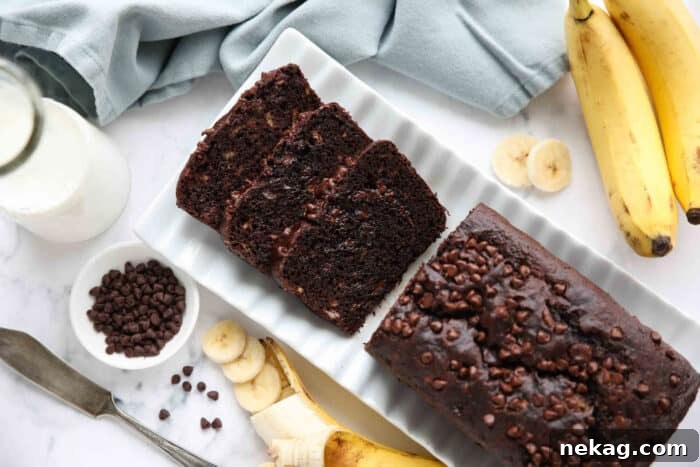 Close-up top view of multiple slices of chocolate banana bread arranged on a surface, clearly showing the moist crumb and abundant chocolate chips throughout.