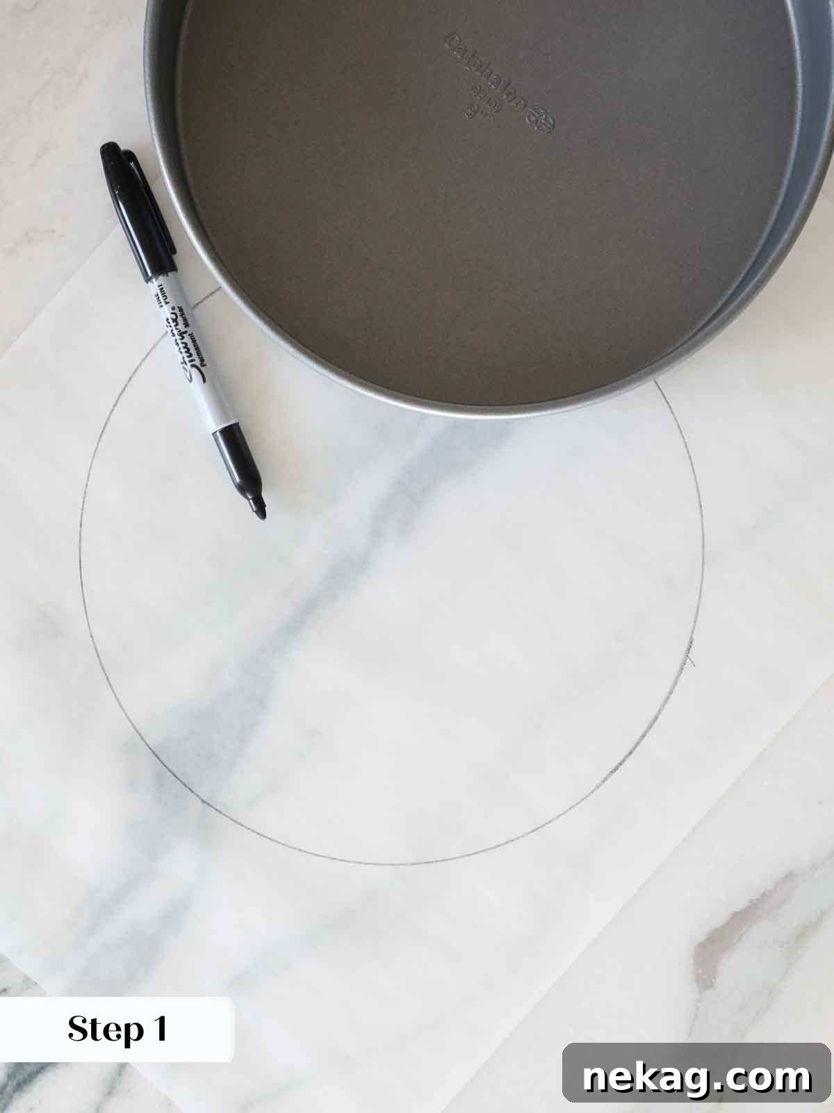 Sun-Kissed Lemon Olive Oil Cake 6 drawing circle on parchment for lining cake pans.