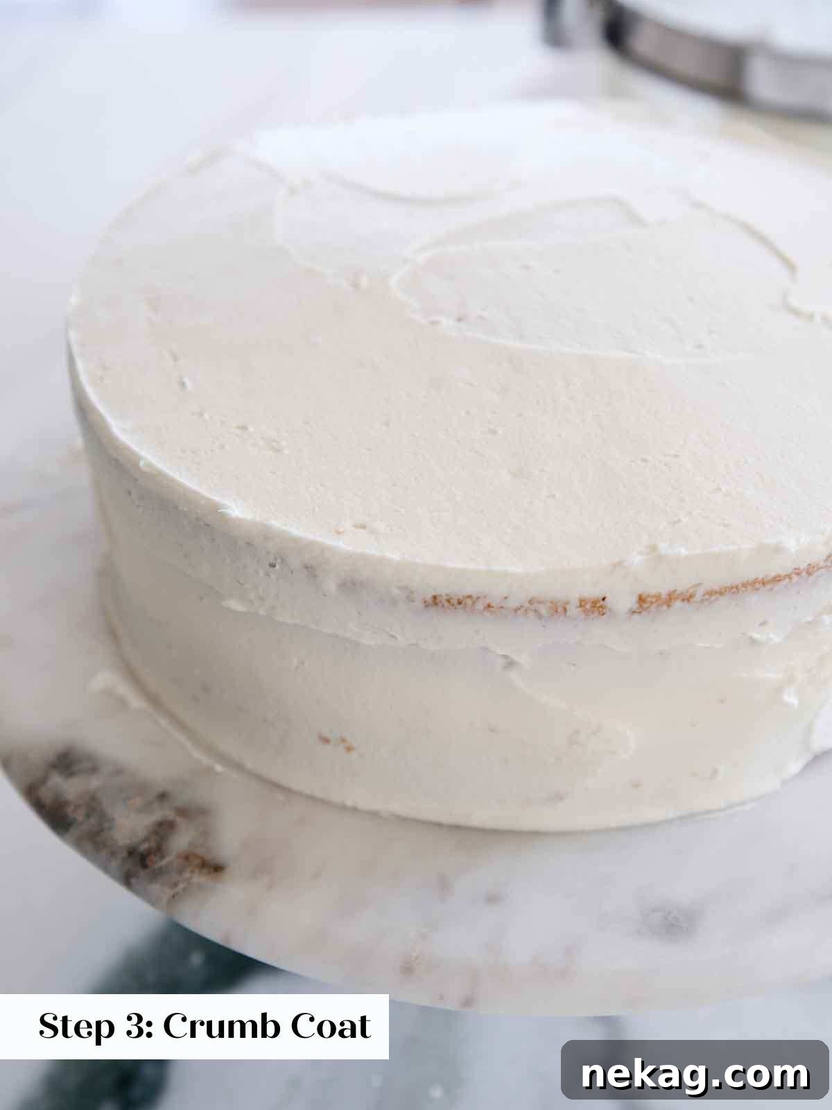 Perfectly Moist Vanilla Cake 23 crumb coat on vanilla cake.