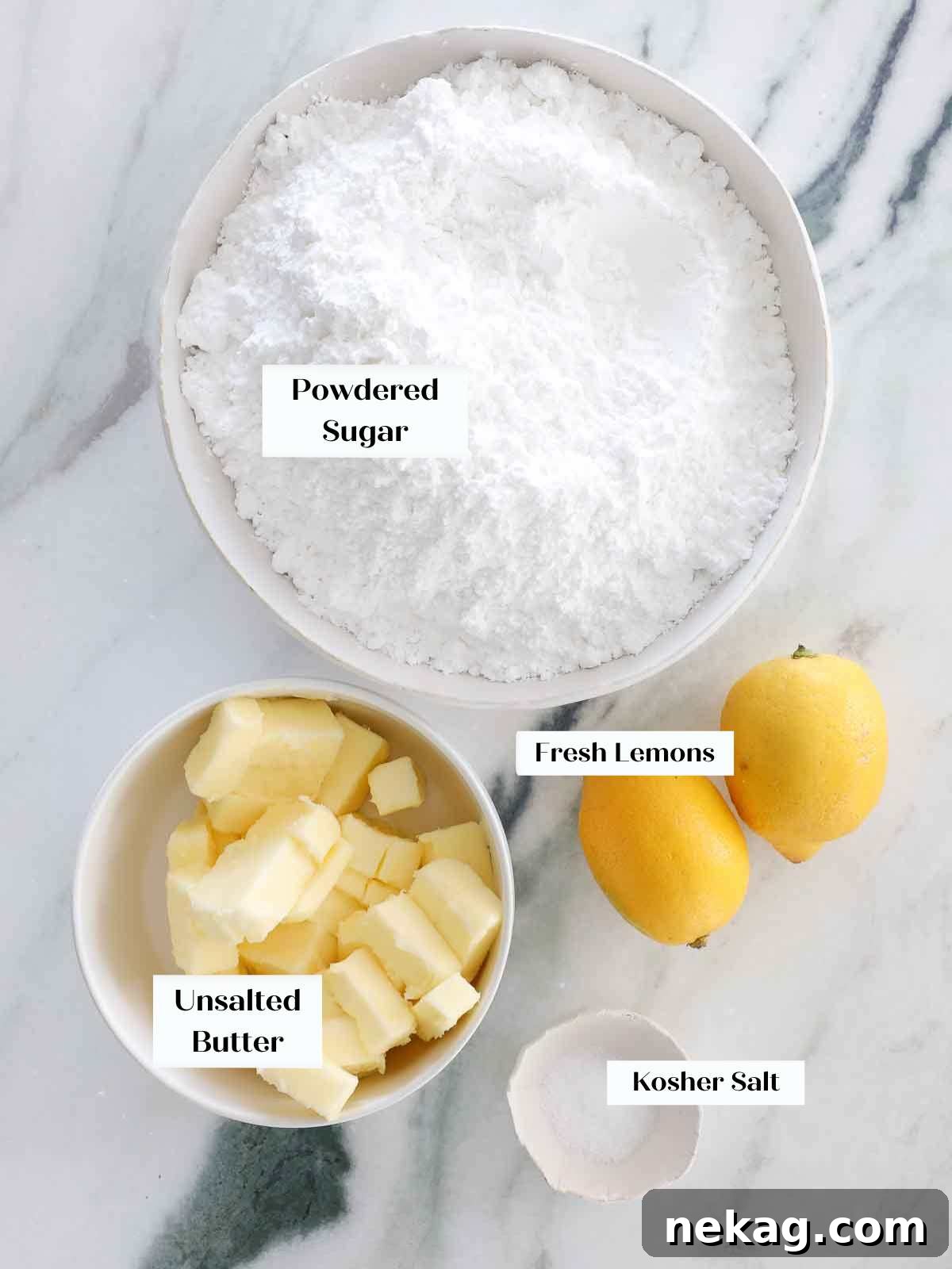 Sunshine Lemon Cupcakes 5 Ingredients for making lemon buttercream frosting, including powdered sugar, butter, and fresh lemons.