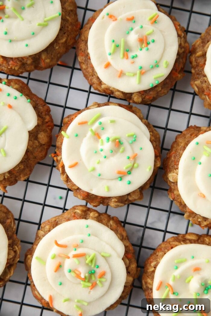 Creamy Carrot Spice Cookies 2 Top view of carrot cake cookies with cream cheese frosting swirled on top. Delicious homemade oatmeal carrot cake cookies.