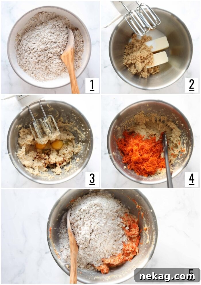 Creamy Carrot Spice Cookies 5 Steps to make oatmeal carrot cake cookies from mixing ingredients to forming dough.