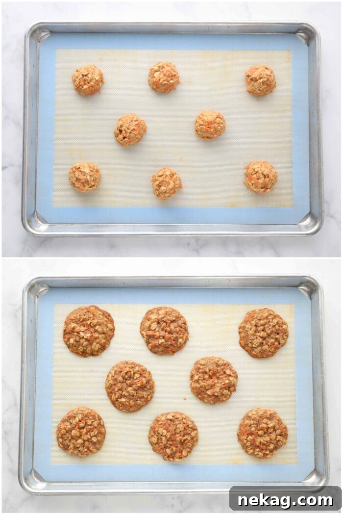 Creamy Carrot Spice Cookies 6 Before and after baking carrot cake cookies on a baking sheet. Golden brown edges visible.