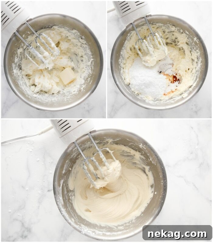 Creamy Carrot Spice Cookies 8 Steps to make cream cheese frosting, from mixing cream cheese and butter to adding powdered sugar.