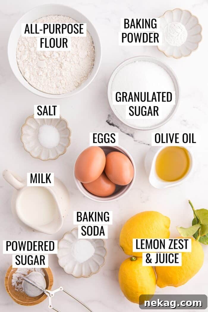 How to Bake Lemon Olive Oil Cake 5 Labeled ingredients needed to make lemon olive oil cake.