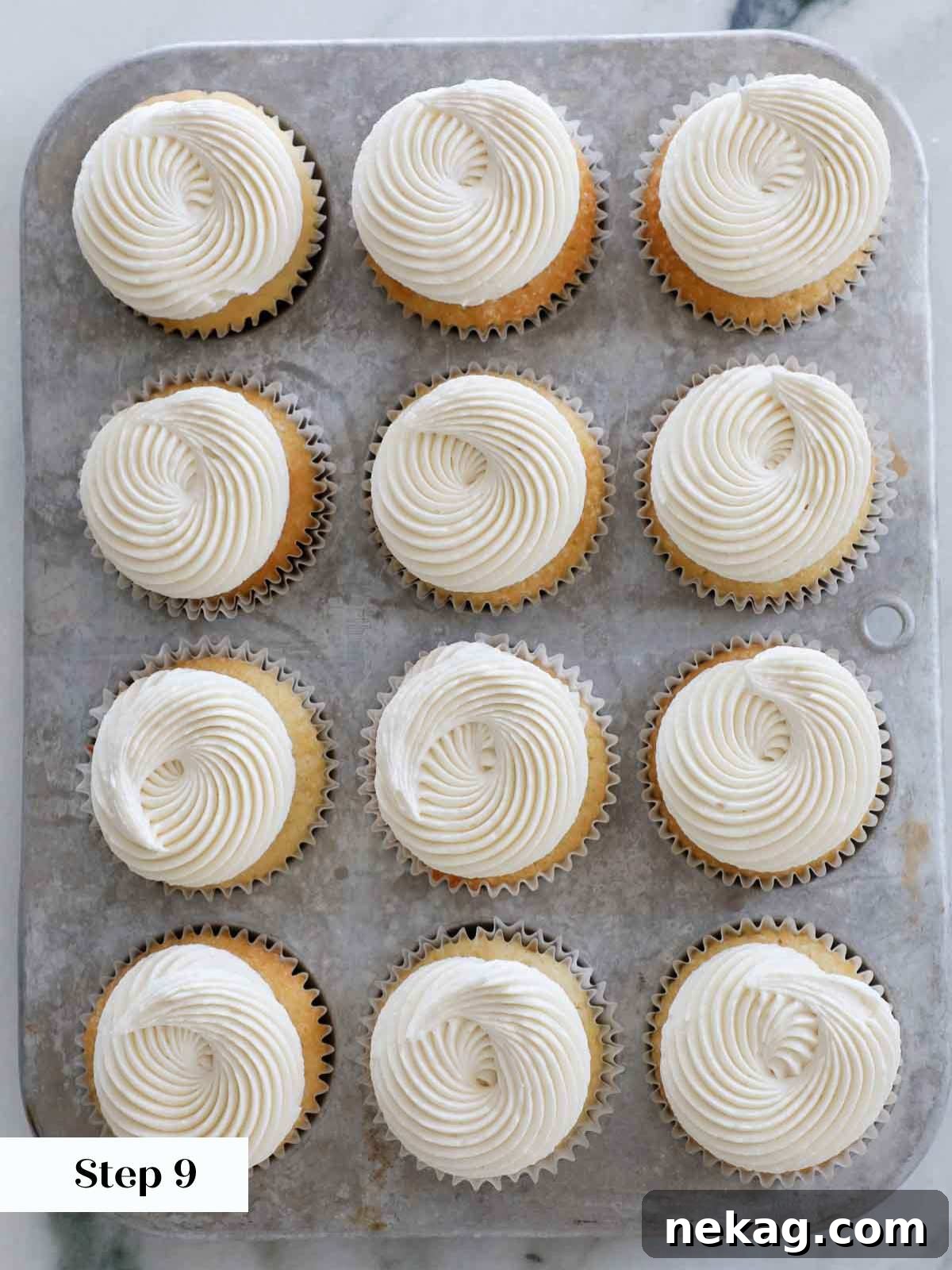 Fluffy Vanilla Delights 11 Vanilla cupcakes frosted with ermine frosting in a vintage tin.