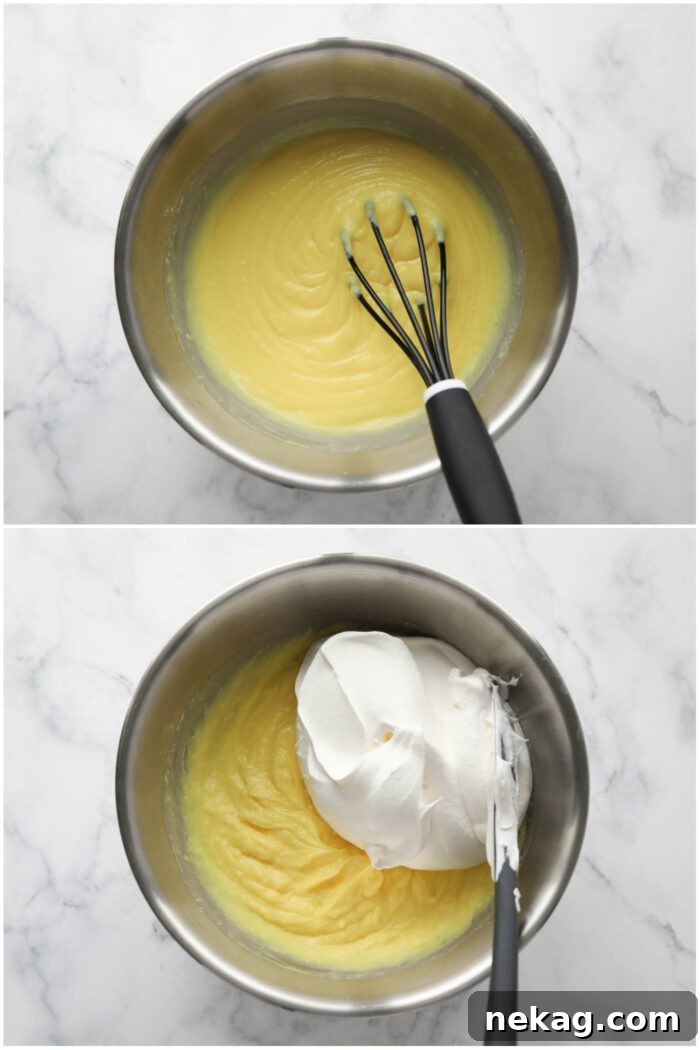 Process of making the lemon icebox cake filling, showing instant lemon pudding mix being whisked with milk in a bowl, followed by folding in whipped topping.