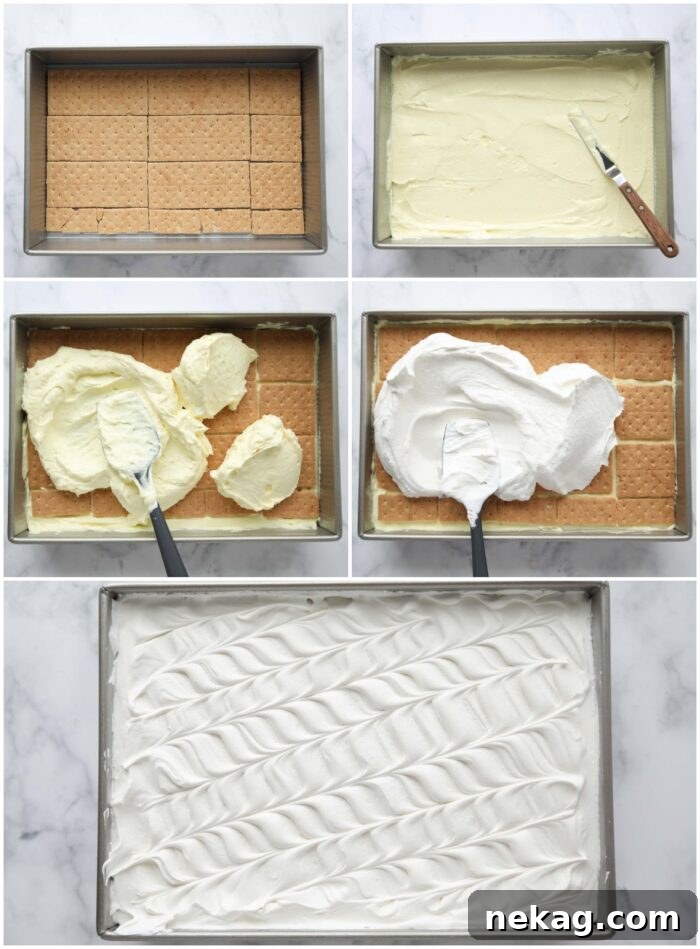 A series of images demonstrating the layering steps for the lemon icebox cake: laying graham crackers, spreading lemon pudding mixture, repeating layers, and topping with whipped cream.