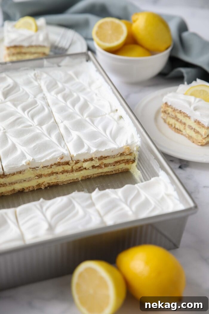 A full 9x13-inch pan of lemon icebox cake, showing the finished layers of graham crackers, lemon pudding, and whipped topping, ready for chilling.