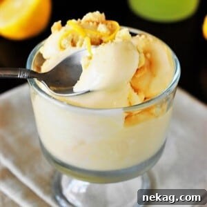A creamy scoop of Limoncello Lemon Ice Cream, accompanied by a gleaming silver spoon, inviting you to taste.