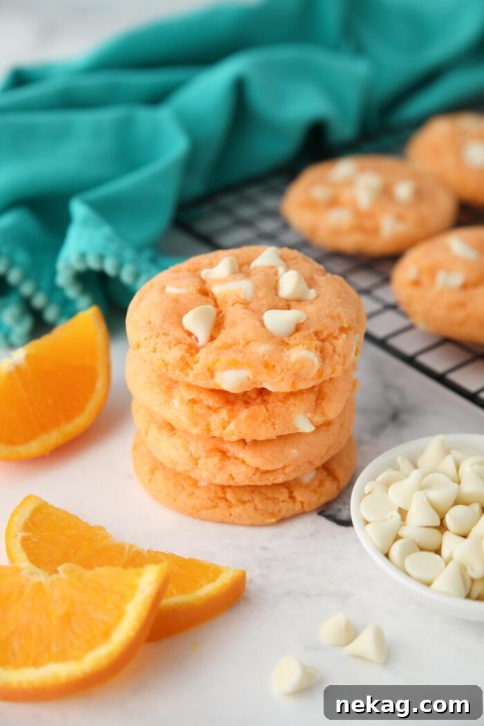 Orange Dreamsicle Delights 2 Stack of bright orange creamsicle cookies made with cake mix, jello, and white chocolate chips, evoking a refreshing summer treat.