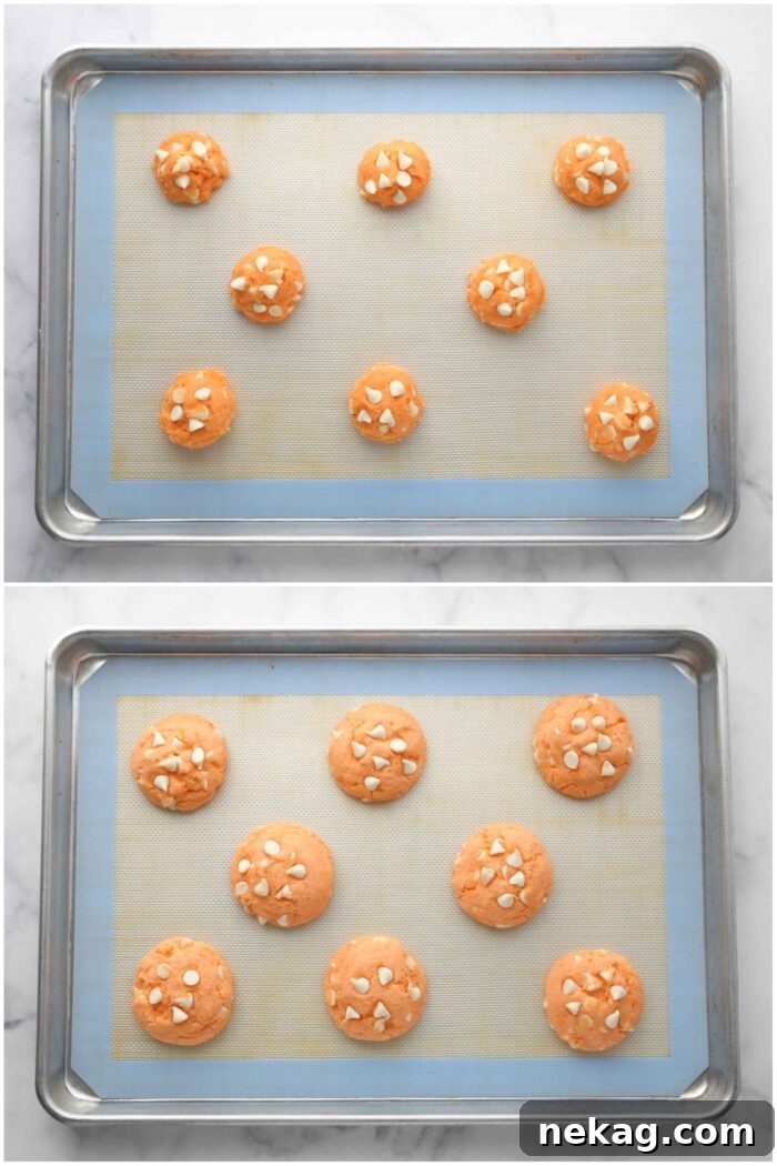 Orange Dreamsicle Delights 6 A side-by-side comparison of orange creamsicle cookie dough before baking and the beautifully golden-baked cookies after coming out of the oven.