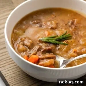 A close-up of a spoonful of rich lamb stew, highlighting the tender meat and vibrant vegetables.