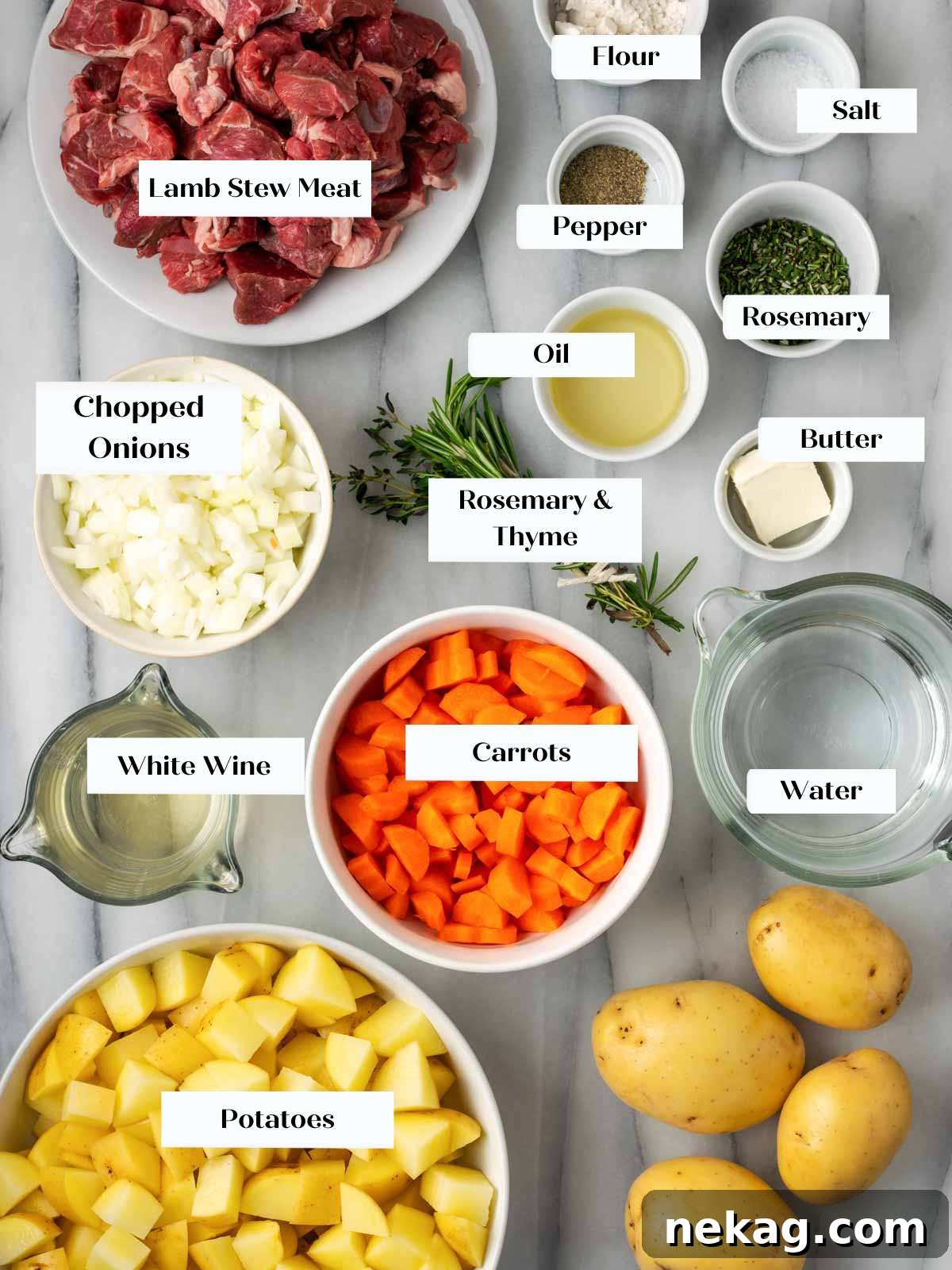 Hearty Lamb Stew 5 A collection of fresh ingredients for lamb stew, including lamb meat, vegetables, and herbs, arranged on a marble surface.