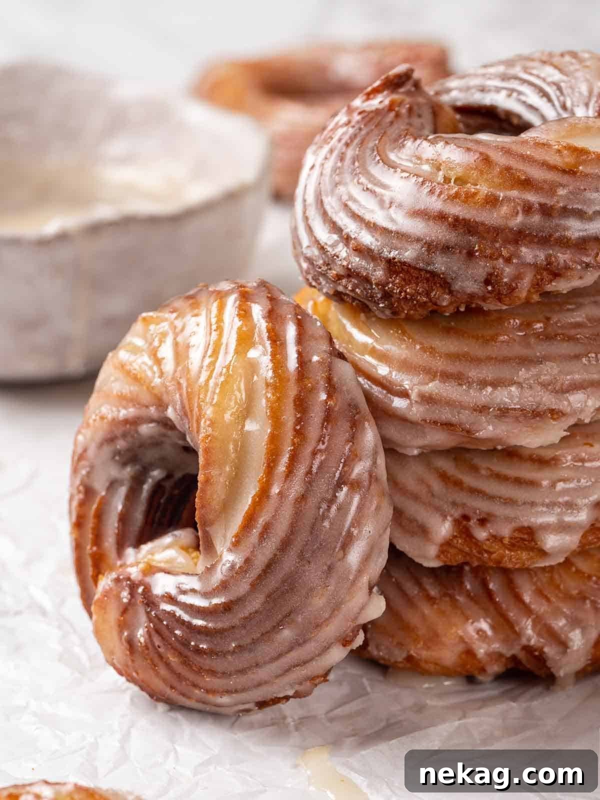 Rippled Golden Doughnuts 2 Golden brown French crullers with glistening maple glaze, artfully arranged against a backdrop of more freshly prepared crullers, highlighting their delicate texture.