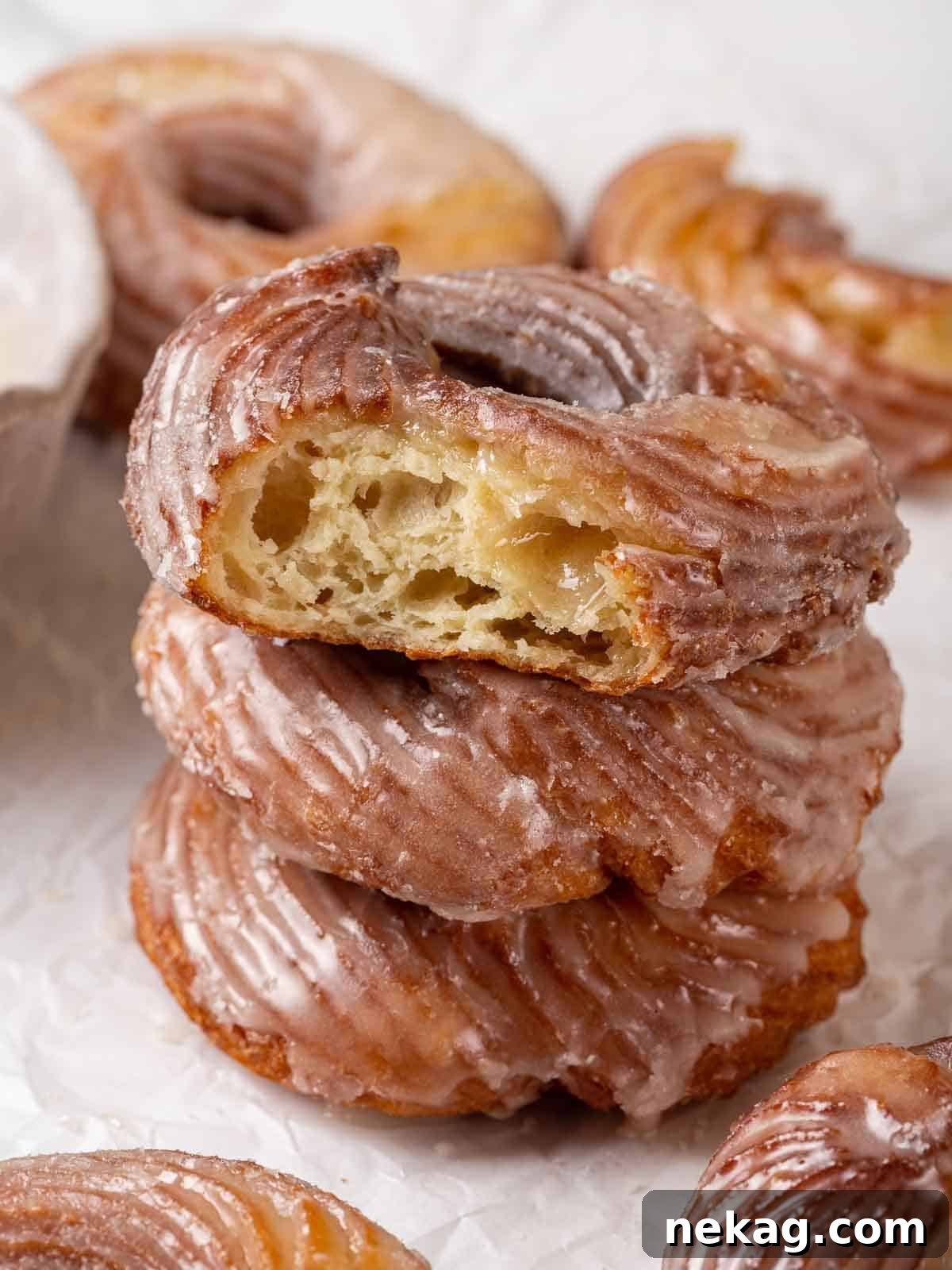 Rippled Golden Doughnuts 3 A beautiful stack of perfectly glazed French crullers with one artfully bitten into, showcasing its exquisite airy interior texture and golden brown crust.