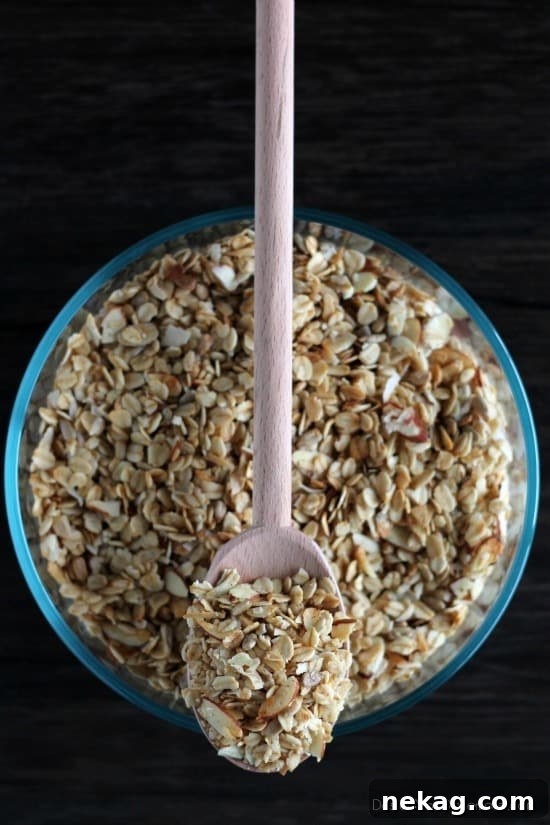 Honey Almond Coconut Granola in a bowl with a spoon