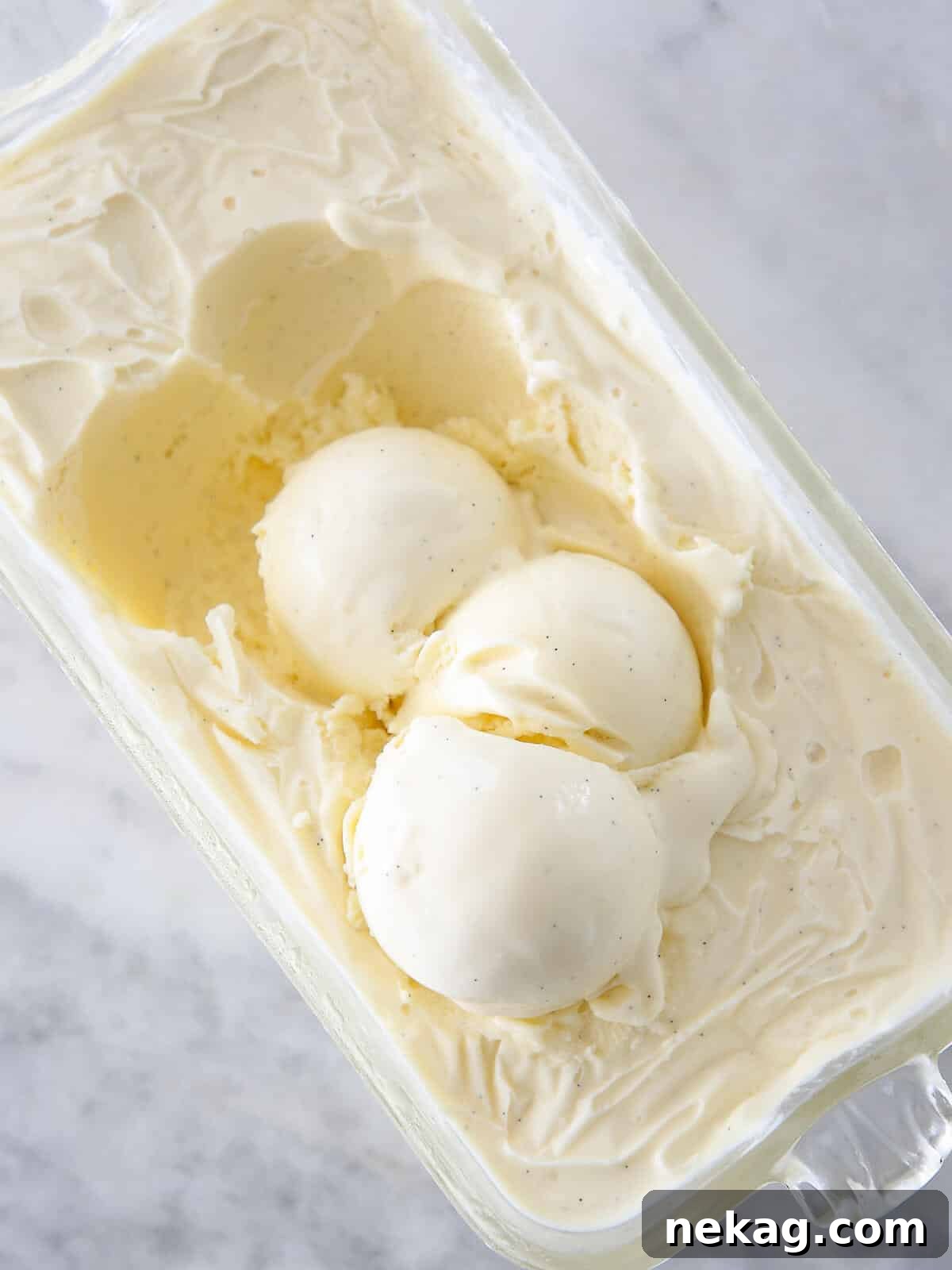 Velvet Vanilla Bean Indulgence 2 Three scoops of heavenly vanilla bean ice cream in a white container, ready to be enjoyed.