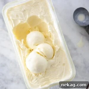 Vanilla ice cream setting in a vintage glass loaf pan, ready to be frozen.
