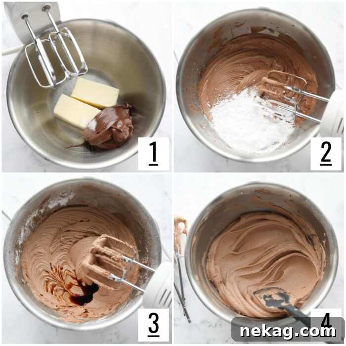 Steps to make Nutella frosting in a bowl with an electric hand mixer.