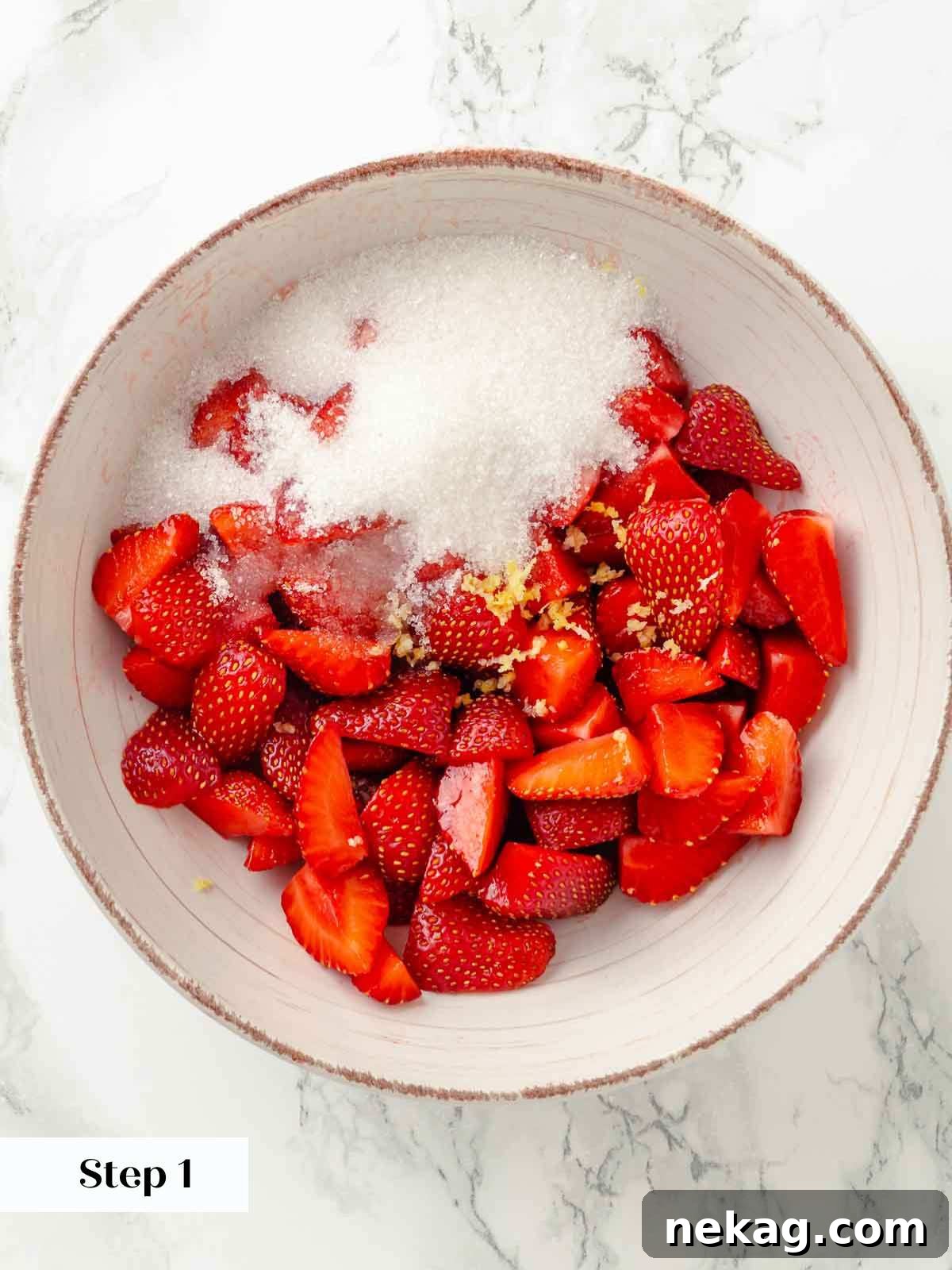 Silken Buttermilk Delight 11 Ingredients for macerated strawberries in a bowl, ready to be mixed.