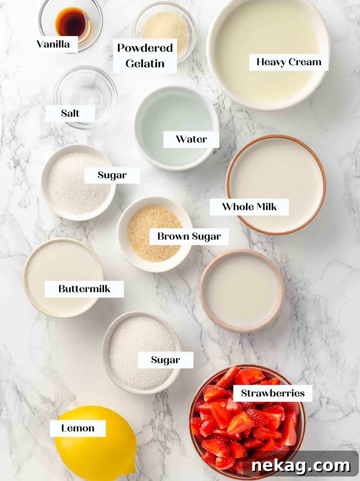 Silken Buttermilk Delight 4 Ingredients for buttermilk panna cotta laid out on a marble surface.