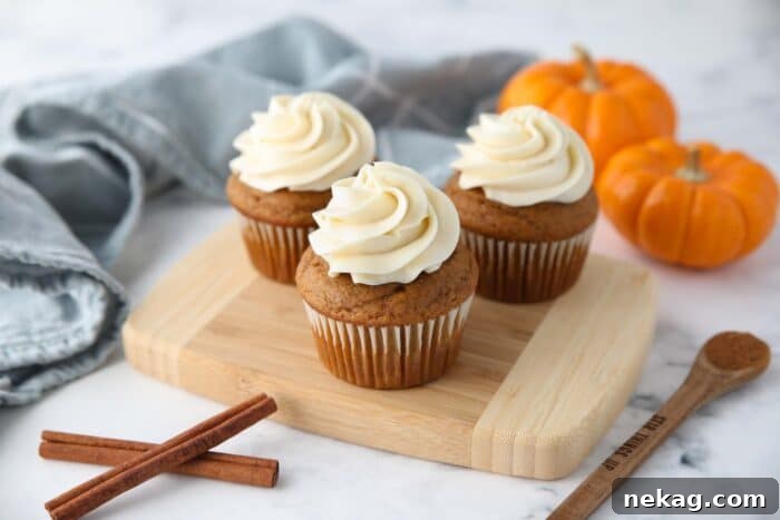 Harvest Pumpkin Spice Cupcakes 12 Three perfectly baked and frosted pumpkin cupcakes artfully arranged on a cutting board, ready to be enjoyed.