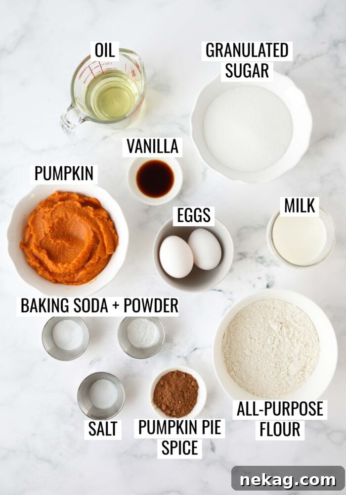 Harvest Pumpkin Spice Cupcakes 4 Neatly arranged and labeled ingredients required for baking the pumpkin cupcakes, including flour, sugar, pumpkin puree, eggs, and spices.