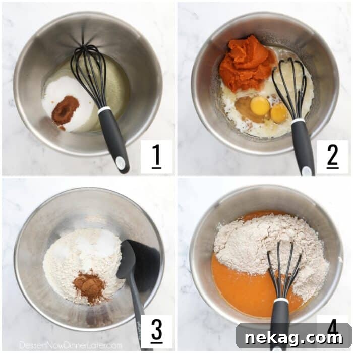 Harvest Pumpkin Spice Cupcakes 6 A visual guide showing the steps to create the pumpkin cupcake batter, including whisking wet ingredients and combining with dry ingredients.