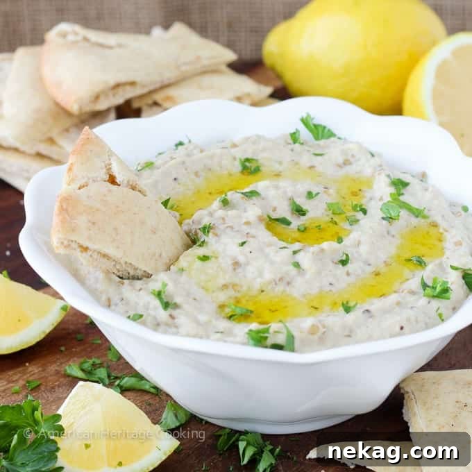 Velvety Smoked Eggplant Dip 2 A beautifully presented bowl of creamy and smoky Baba Ganoush, garnished with fresh parsley and a drizzle of olive oil, ready to be served with pita bread.