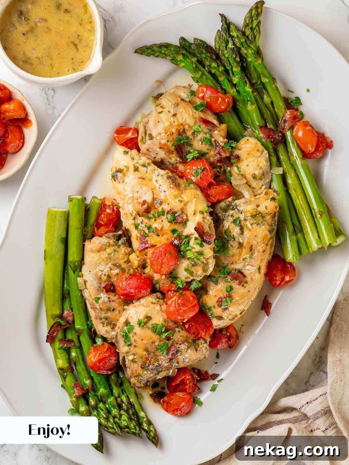 Chicken in wine sauce served on a white serving dish.