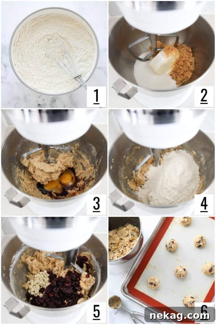 Steps to make white chocolate cranberry cookies, showing various stages of dough preparation.