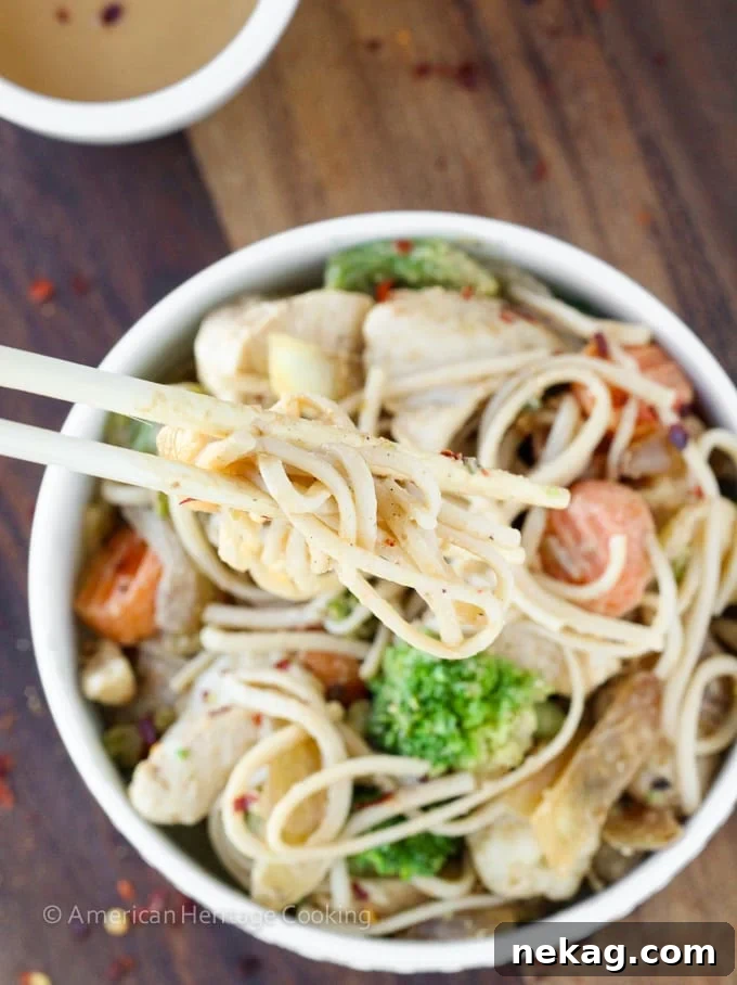 One Pan Thai Peanut Chicken Noodles 2 A beautifully plated Thai Peanut Chicken Noodle Stir Fry in a white bowl, garnished and ready to eat.