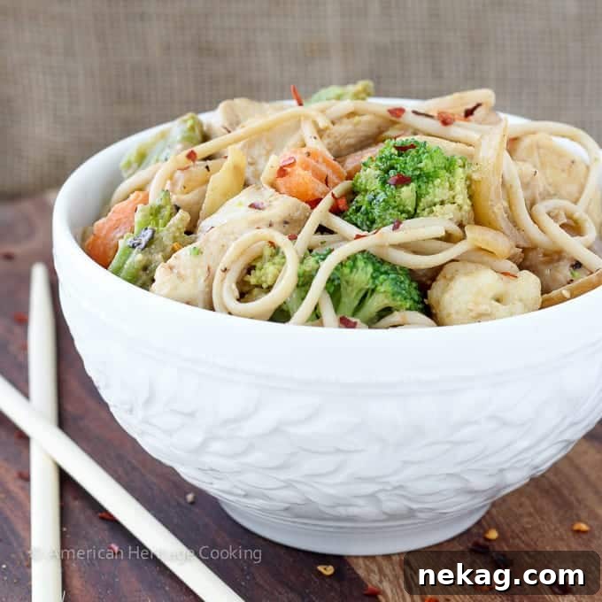 One Pan Thai Peanut Chicken Noodles 3 An overhead view of the finished Thai Peanut Chicken Noodle Stir Fry, highlighting the rich peanut sauce coating the chicken, vegetables, and udon noodles.