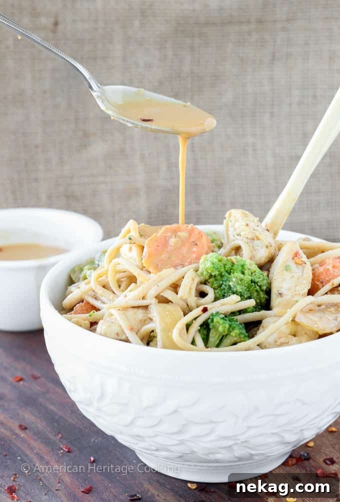 One Pan Thai Peanut Chicken Noodles 5 A serving of Thai Peanut Chicken Noodle Stir Fry in a rustic setting, emphasizing its hearty and comforting nature.