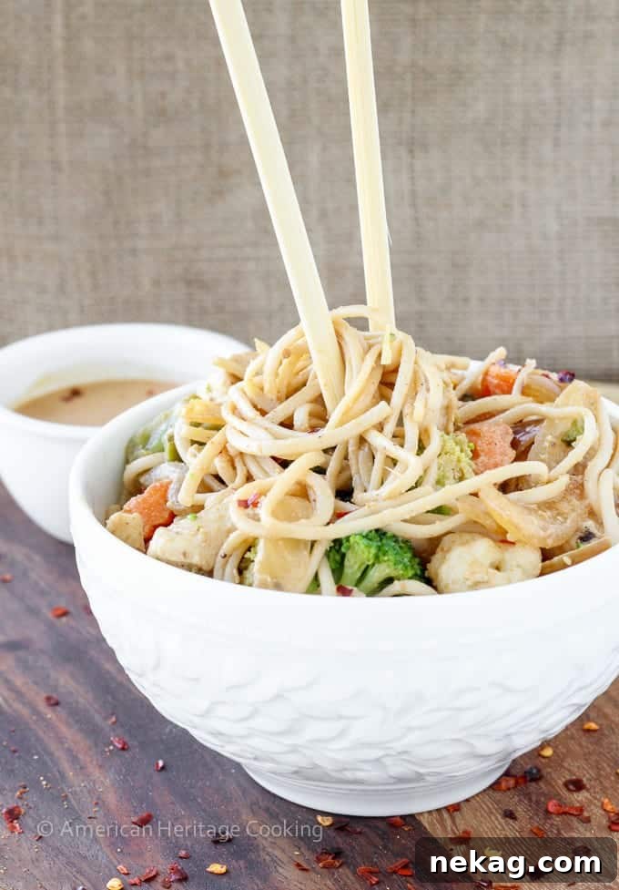 One Pan Thai Peanut Chicken Noodles 6 A final, mouth-watering image of the Thai Peanut Chicken Noodle Stir Fry, inviting viewers to try this quick and delicious recipe.