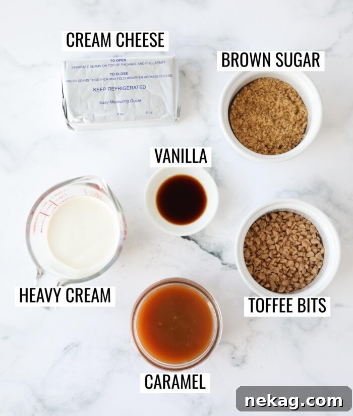 All six key ingredients laid out and labeled on a white background, including a block of cream cheese, a bowl of brown sugar, a bottle of vanilla extract, a carton of heavy cream, a jar of caramel sauce, and a bag of toffee bits.