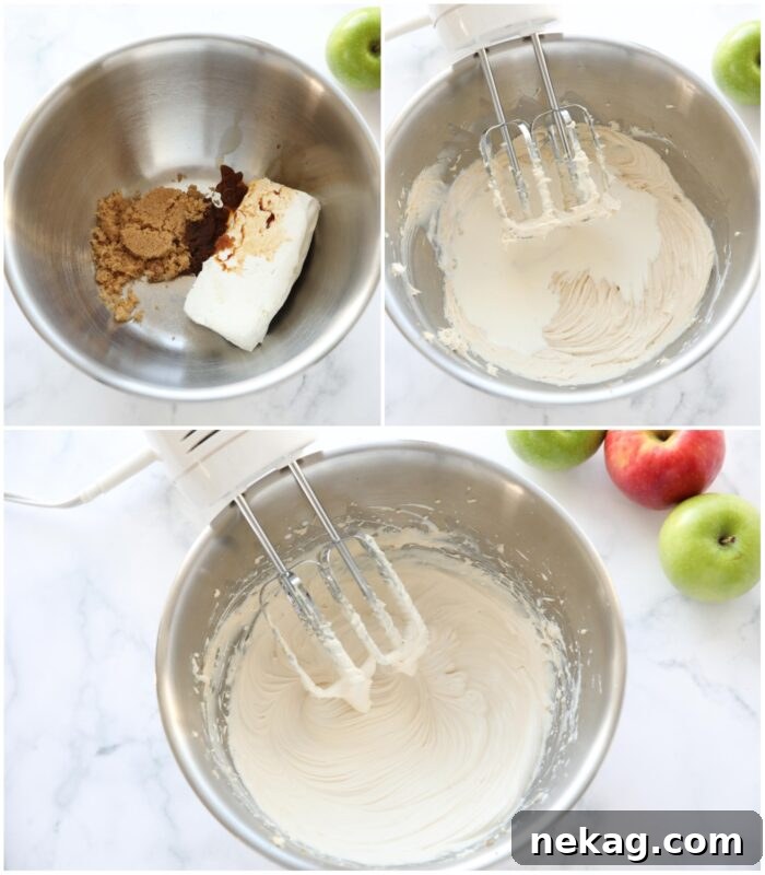 A step-by-step visual guide showing the process of beating cream cheese, brown sugar, and vanilla, then adding heavy cream to create a fluffy mixture in a large bowl with an electric hand mixer.