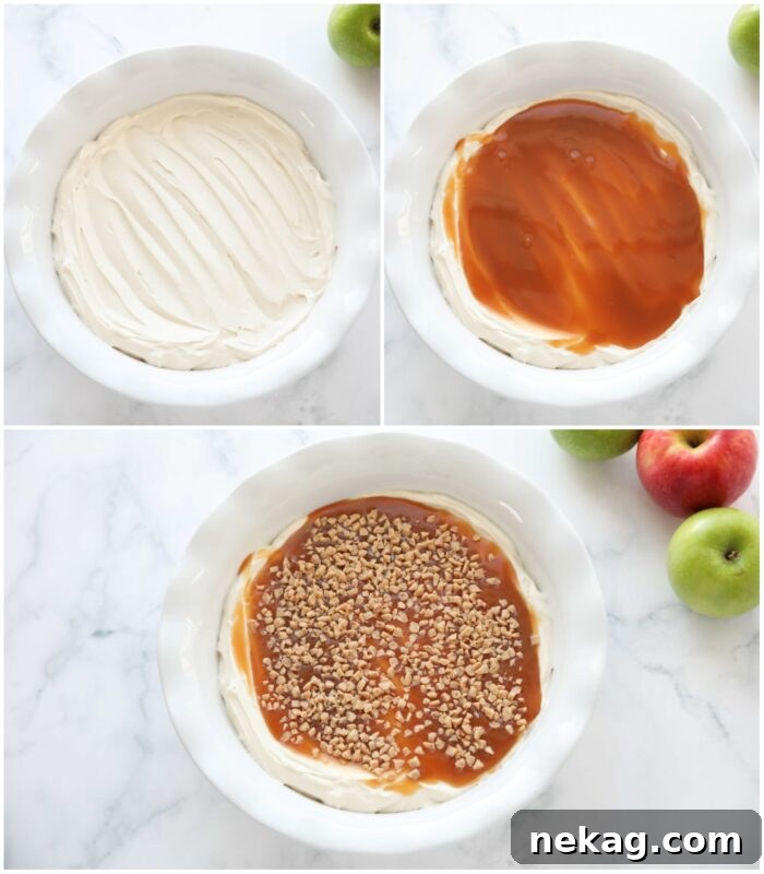 A sequence of images showing the layering process of the dip: first, the smooth cream cheese base in a pie plate, then caramel being drizzled on top, and finally, a sprinkle of toffee bits completing the dish.
