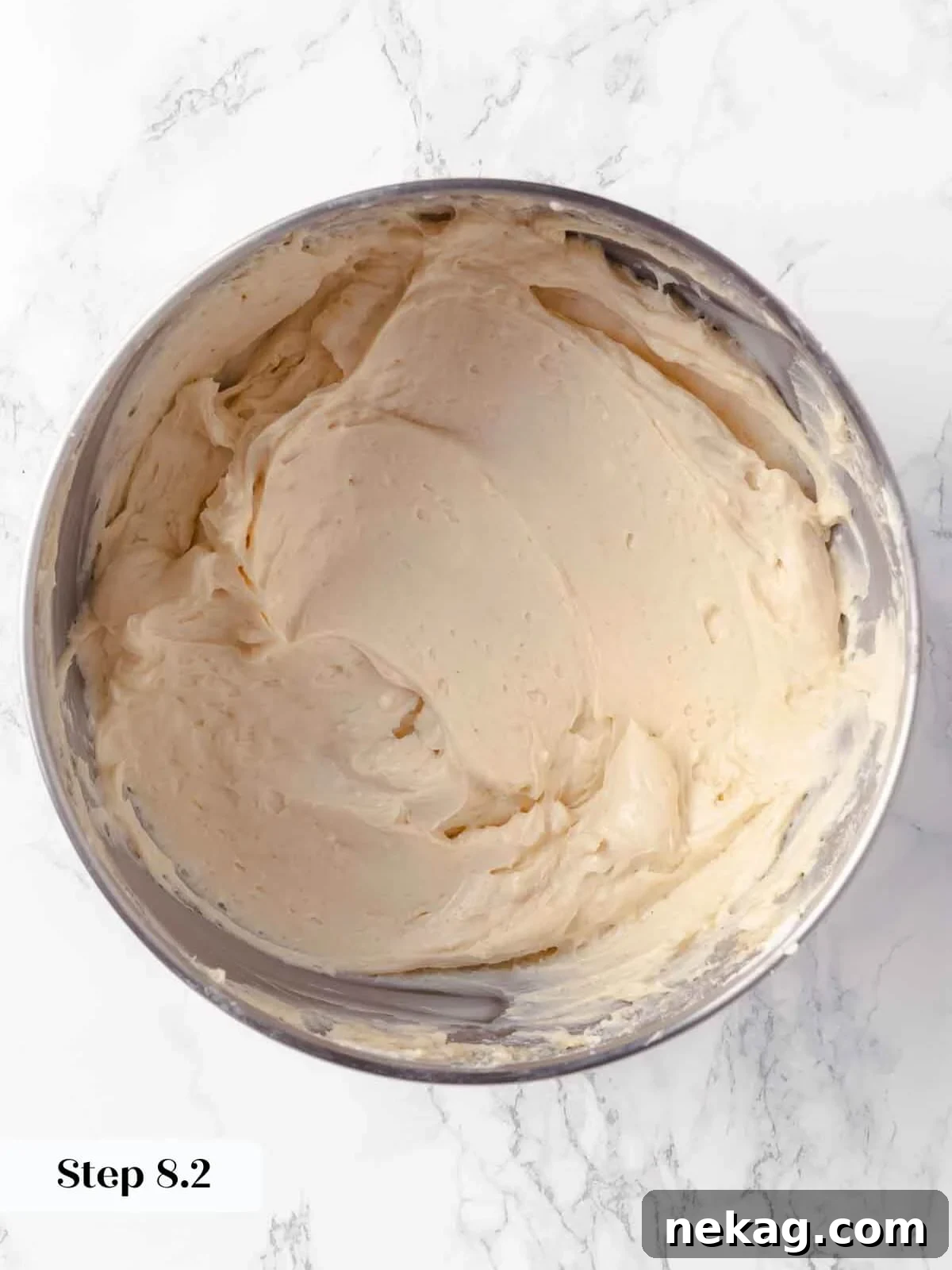 Velvet Pumpkin Bliss 11 Cream cheese mixture after sugars have been thoroughly beaten in, showing a smooth consistency.