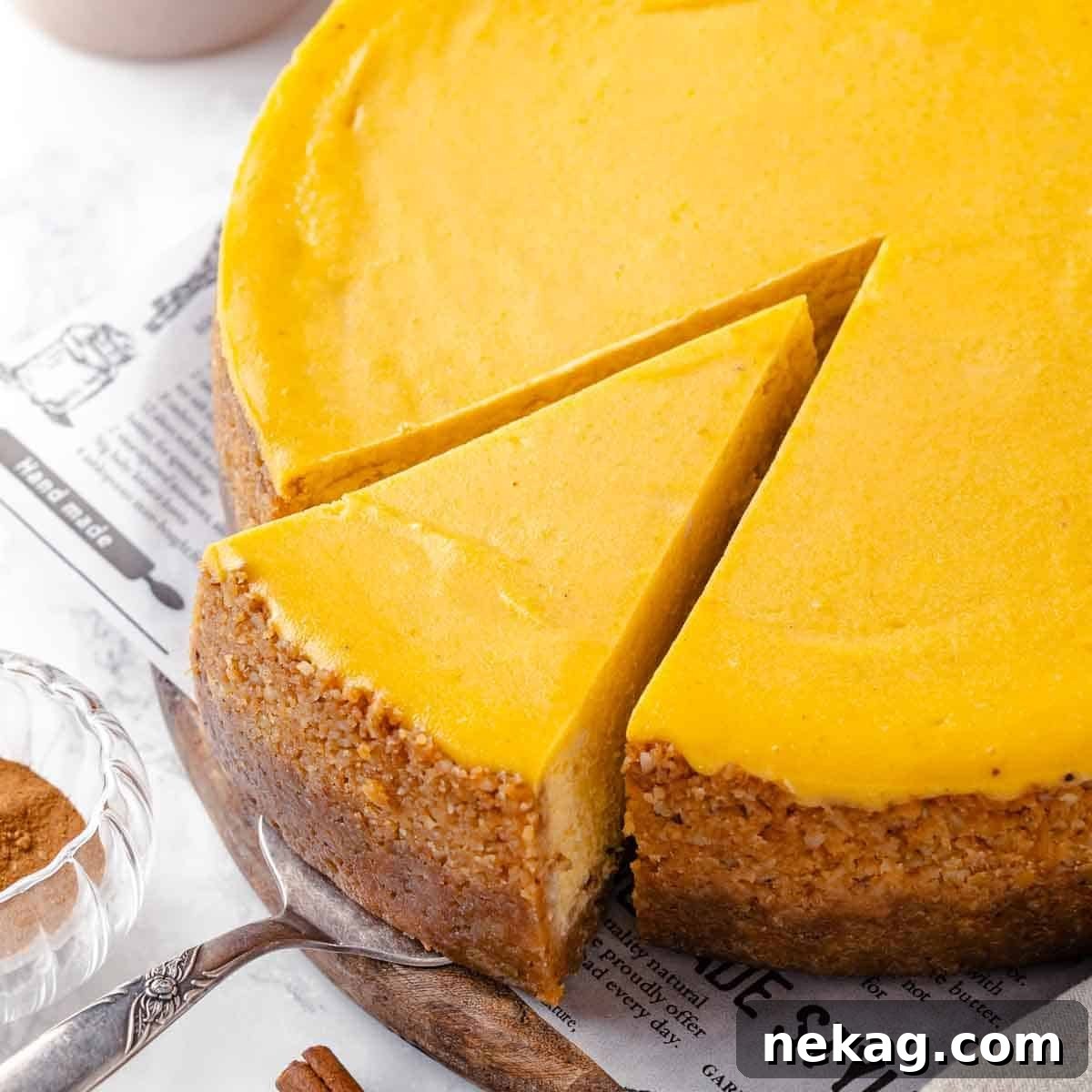 Velvet Pumpkin Bliss 3 A beautifully sliced pumpkin cheesecake showcasing its layers and smooth filling.