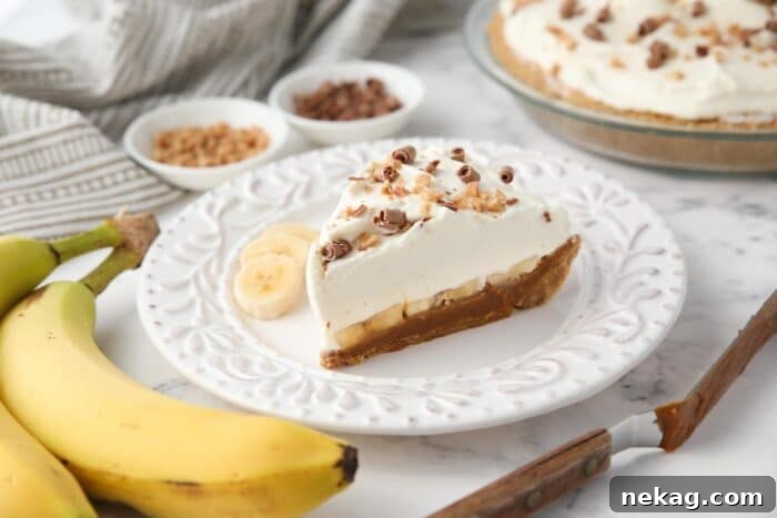 Effortless Banoffee Bliss 11 Side view of banoffee pie showing graham cracker crust, dulce de leche, banana slices, whipped cream and toppings.