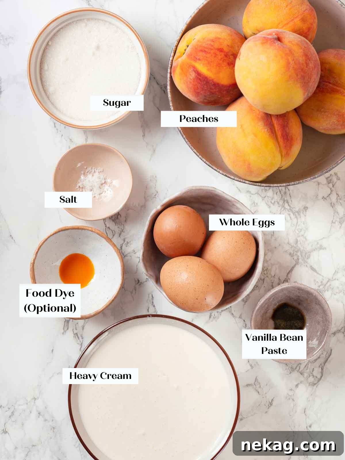 Fresh Peach Bliss 4 A curated selection of fresh peach ice cream ingredients, including eggs, sugar, whole milk, heavy cream, and ripe peaches, artfully arranged on a marble countertop.