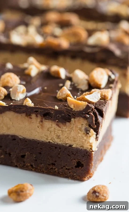 Decadent No-Bake Chocolate Peanut Butter Bars 2 Decadent Chocolate Peanut Butter Bars showing multiple layers