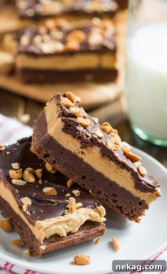 Decadent No-Bake Chocolate Peanut Butter Bars 5 Side view of Chocolate Peanut Butter Bars showcasing the distinct layers of brownie, peanut butter, and chocolate