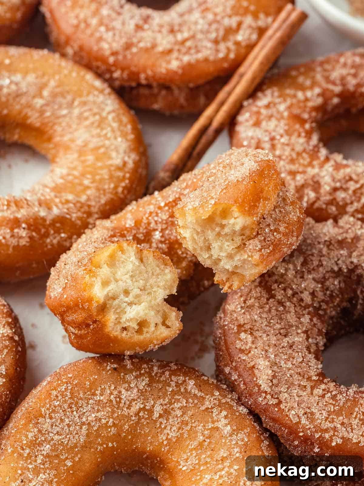 Harvest Apple Cider Donuts 2 A close-up of apple cider donuts placed next to a cinnamon stick, emphasizing the cozy, autumnal flavor.
