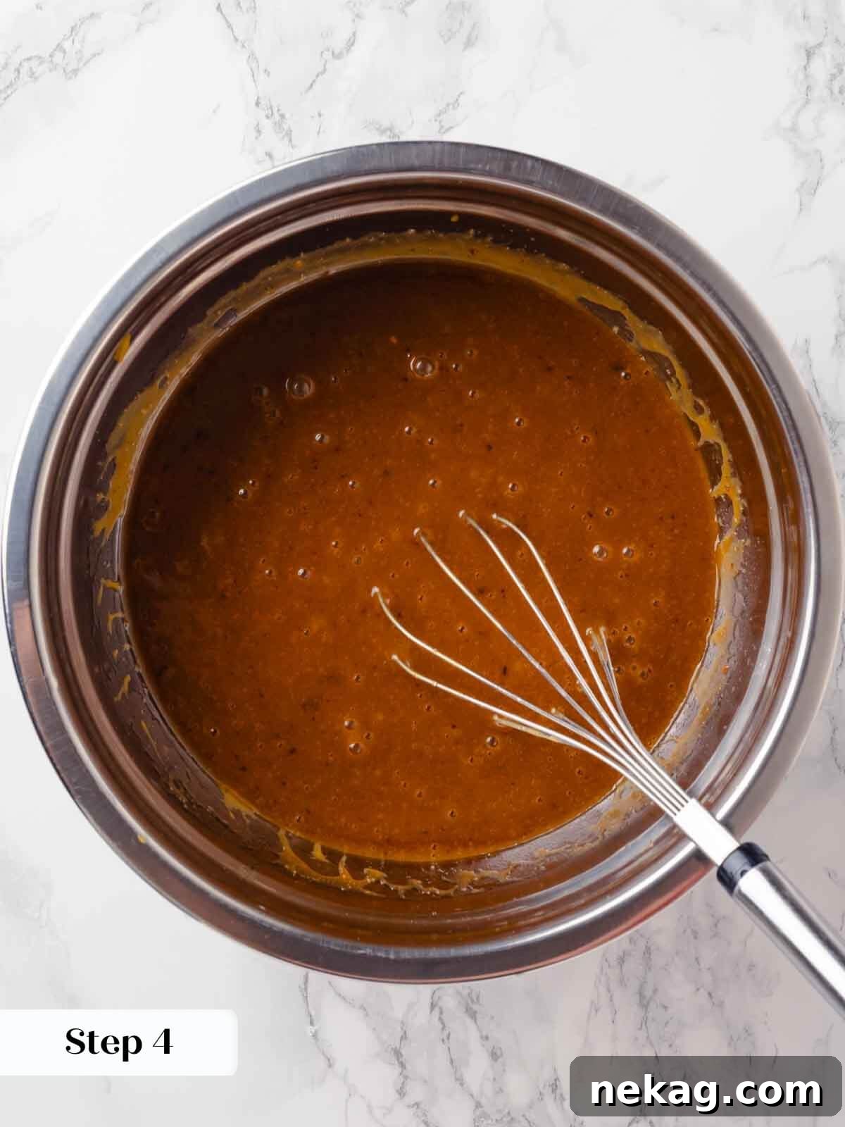Autumn Spice Squares 7 Granulated and dark brown sugar being added to hot melted butter in a mixing bowl.