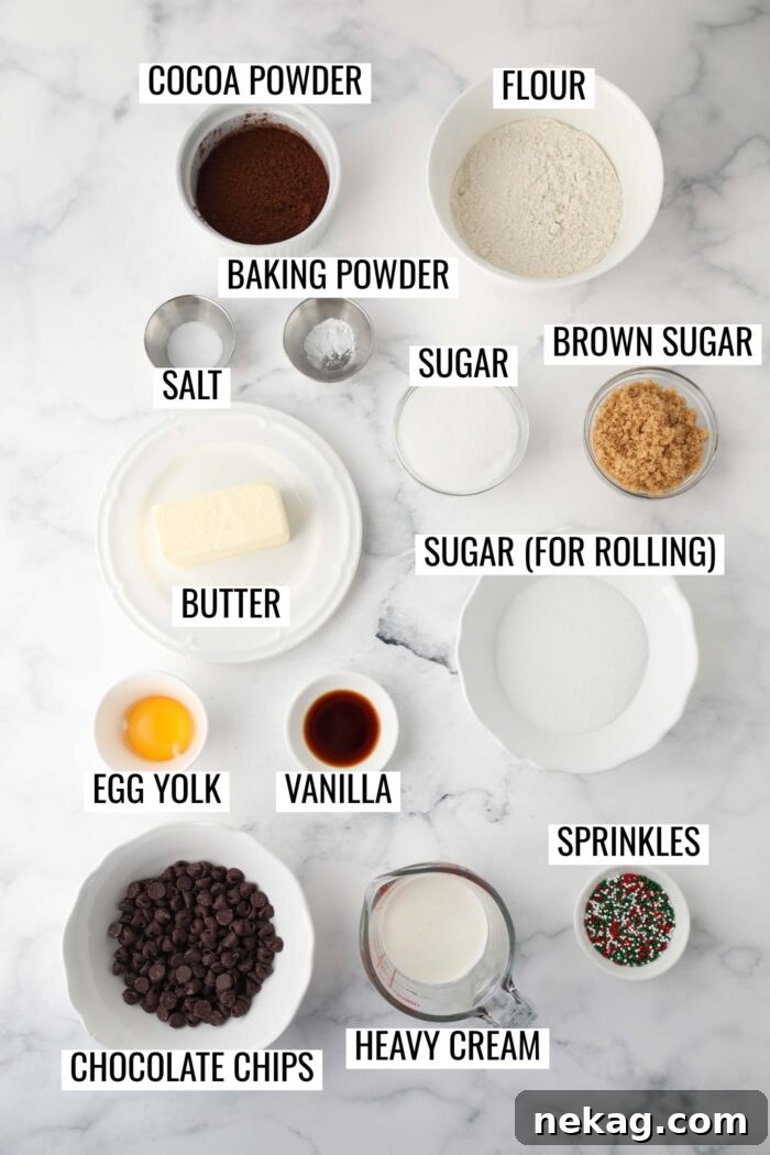 Labeled ingredients needed to make Chocolate Thumbprint Cookies.